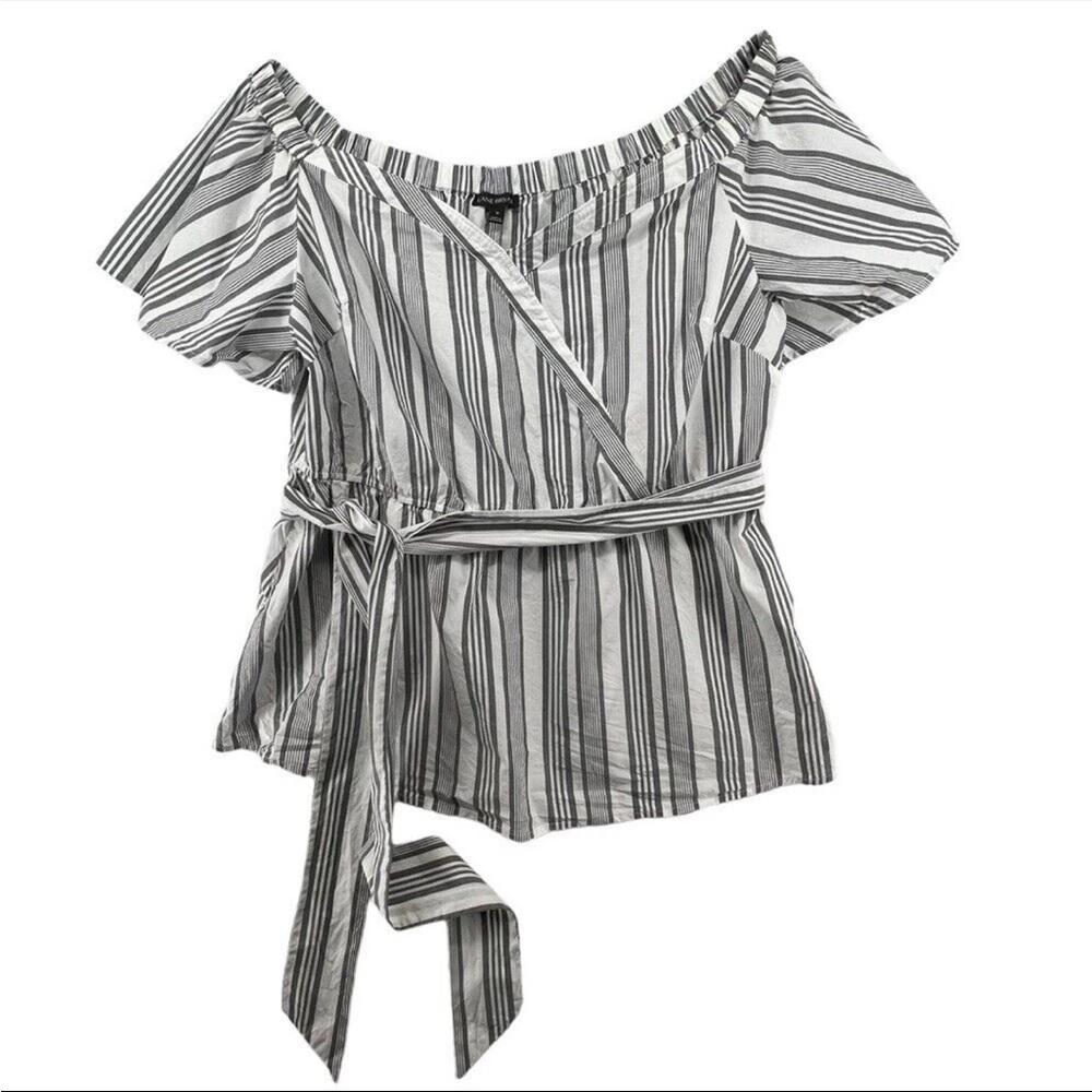 Lane Bryant Size 18 Blouse Gray White Striped Off the Shoulder Tie at Waist - Picture 11 of 13